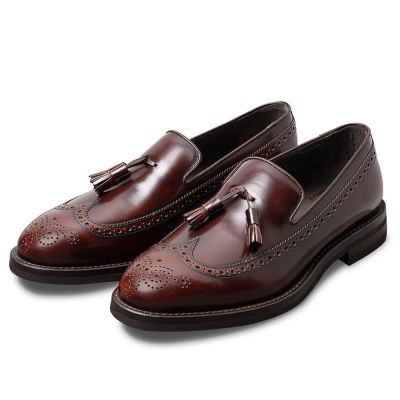 Mocasines con borlas de brocas longwing vino tinto - Zapatos hombre para subir de estatura de negocios piel de becerro pulida - 7CM Más Alto