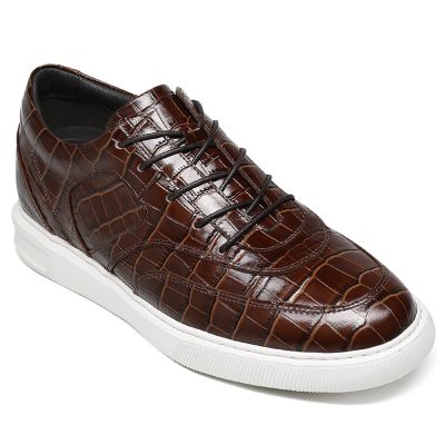 zapatos con alzas para hombres - Zapatillas de hombre de piel marrón de lujo hechas a mano 6cm