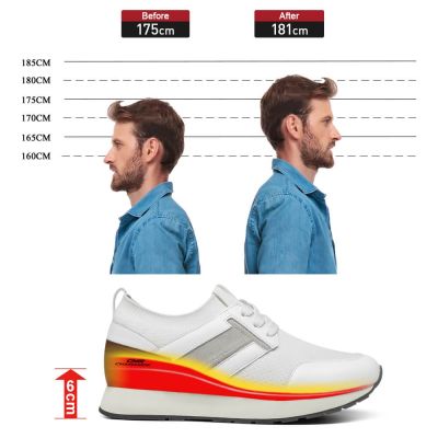 Zapatos Con Alzas Para Hombre - Cuero De Vaca Blanco Zapatillas Casuales 6 CM Más Alto 