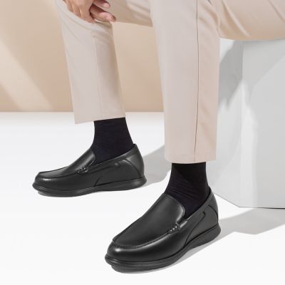 zapatos con alzas hombre - Mocasines con alza hechos a mano en piel de becerro premium negra 7CM