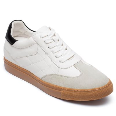 Zapatos De Tacon Alto Para Hombres - Deportivas Con Tacon Oculto Bajas De Cuero Blanco Roto 6 CM Más Alto