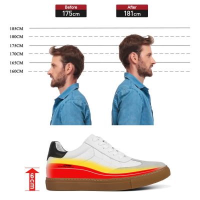 Zapatos De Tacon Alto Para Hombres - Deportivas Con Tacon Oculto Bajas De Cuero Blanco Roto 6 CM Más Alto