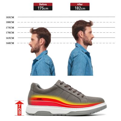 zapatos hombre altos - Zapatos casuales de hombre con alza de altura en piel nobuck gris 7CM