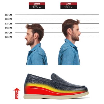 Zapatos Con Tacon Para Hombre - Mocasines Sin Cordones De Piel De Oveja En Relieve Azul 5 CM