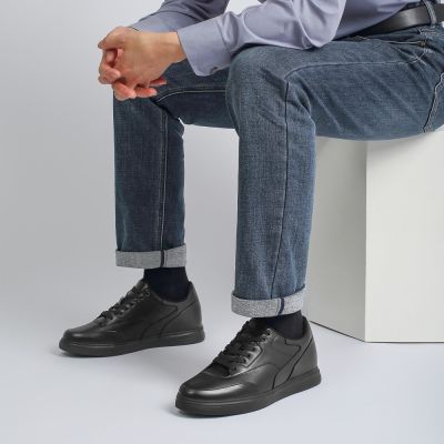 zapatos con alzas para hombre - zapatos casuales de piel negra con tacón alto de 6cm