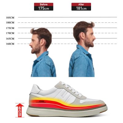 Deportivas Con Tacon Oculto Casuales - Blanquecino Piel De Vacuno Zapatos Con Alzas Para Hombre 6 CM