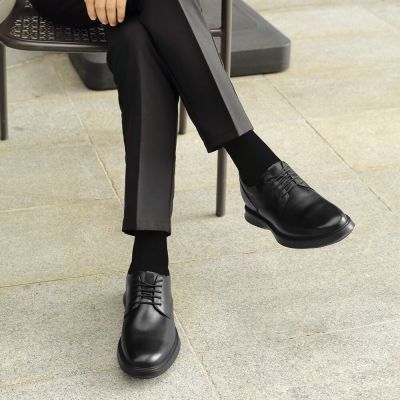 Zapatos De Hombre Con Alzas - Zapatos Derby De Negocios Informales De Cuero Negro De 7CM  Más Alto