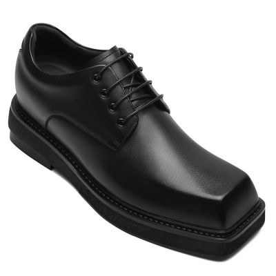 zapatos con alzas hombre - Zapatos de punta cuadrada de cuero negro para hombre 9CM