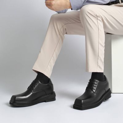 zapatos con alzas hombre - Zapatos de punta cuadrada de cuero negro para hombre 9CM