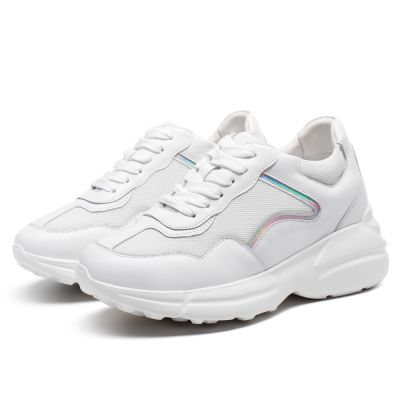 Zapatos Con Alzas Mujer - Deportivas Con Tacon Oculto De Piel De Vacuno Blanca y Malla 8 CM