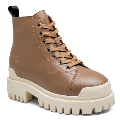 Botas Mujer Tacon Alto - Zapatillas Con Alzas Mujer - Cuero De Vaca Caqui Zapatos Con Alzas 8CM