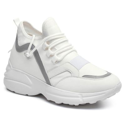 Zapatos Con Alzas Mujer - Deportivas Con Alzas - Zapatillas De Cuero Blanco 8CM