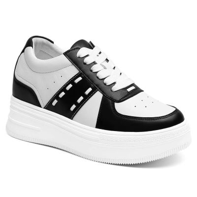 Zapatillas Con Alzas Mujer Casuales - Zapatos Con Tacon Para Mujer De Cuero Blanco y Negro 8 CM