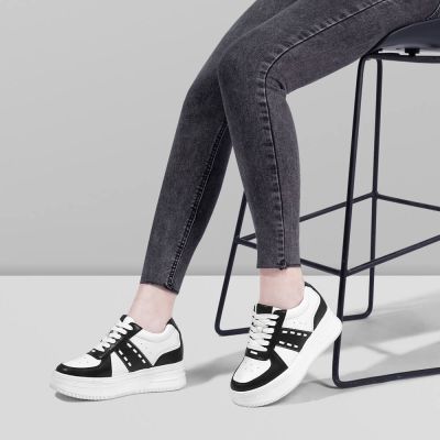 Zapatillas Con Alzas Mujer Casuales - Zapatos Con Tacon Para Mujer De Cuero Blanco y Negro 8 CM